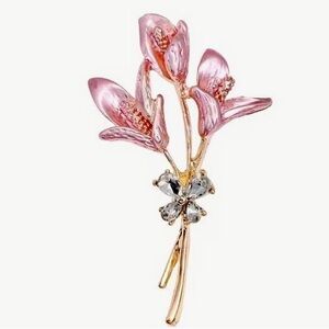 Pink Enamel Flower Brooch Gold Tone Crystal Floral Pin Vintage Style